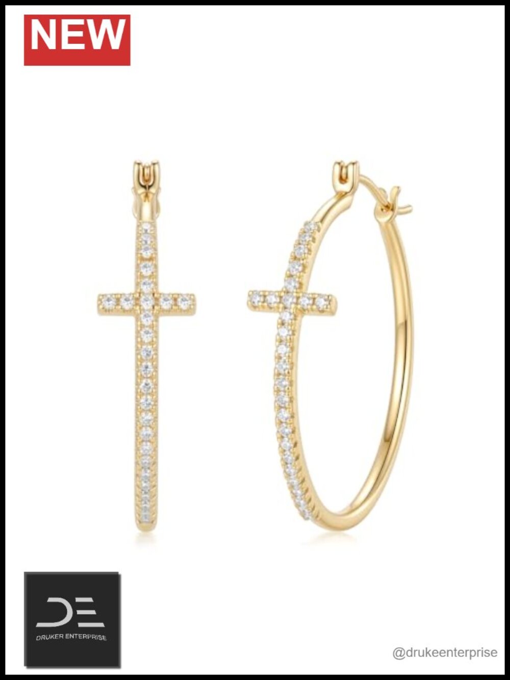 14K Gold Plated Hoop Earrings for Women Cross Charm CZ Pavé Dangle 30mm